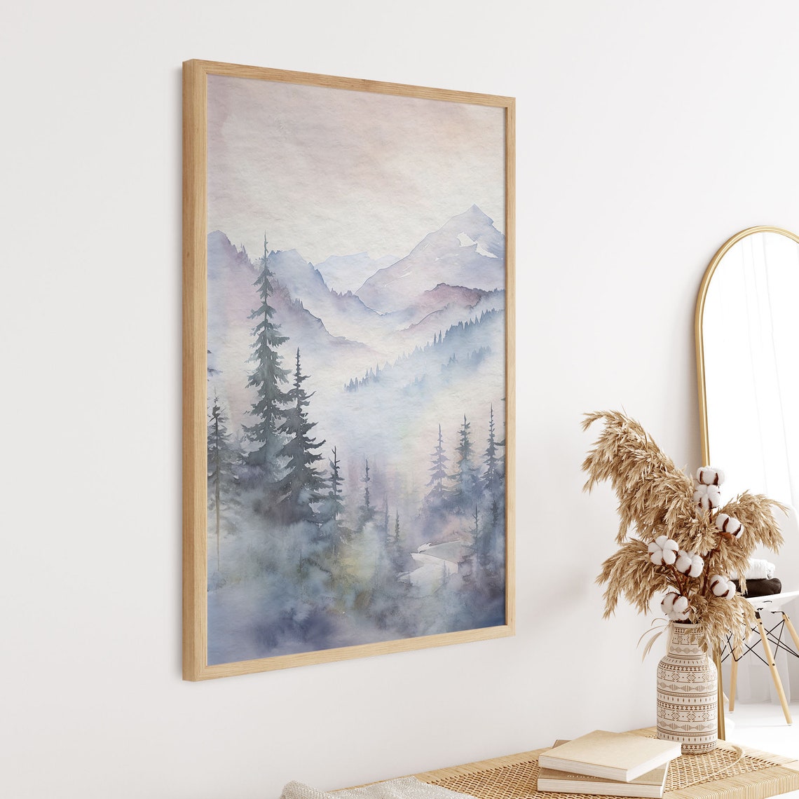 Misty Pine Forest Mountain Foggy Watercolor Landscape Art Print - Image 8