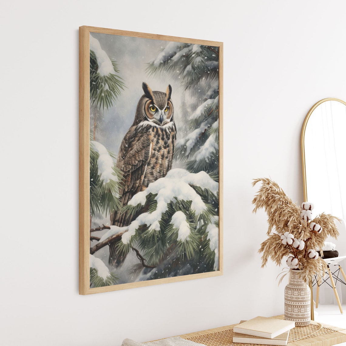 Great Horned Owl Snowy Pine Forest Winter Wildlife Art Print - Image 4