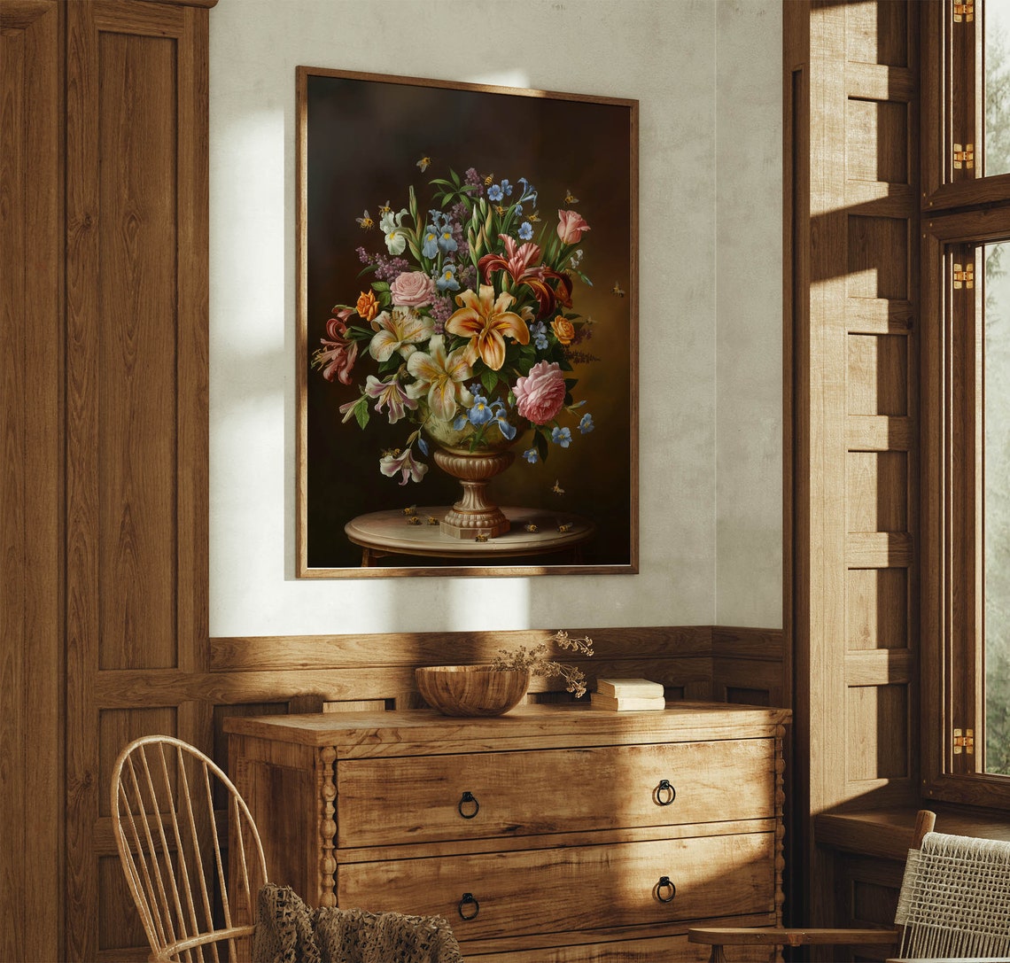 Dark Moody Floral Still Life Lush Bouquet Bumblebee Vintage Poster - Image 8