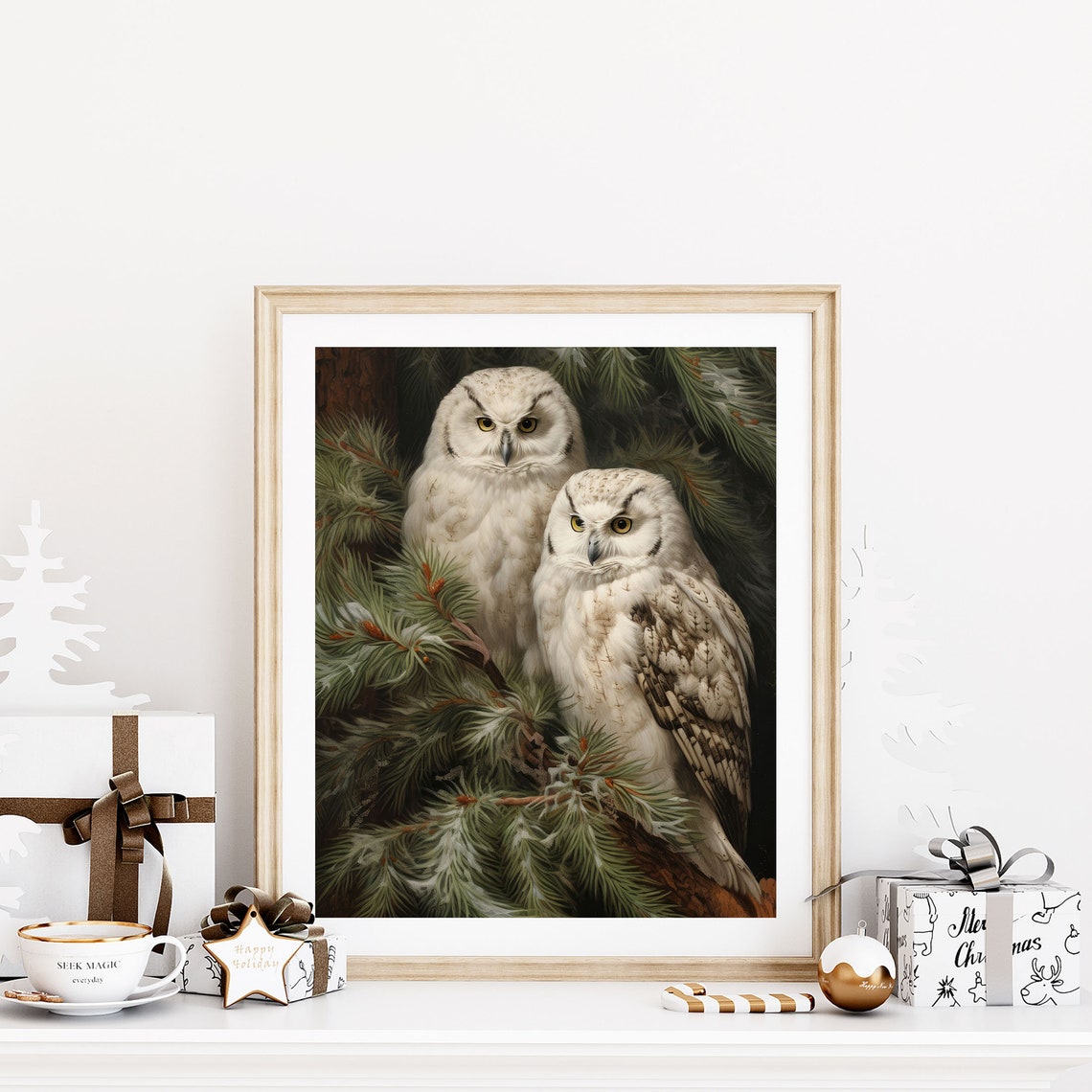 Two White Snowy Owls Perched in a Pine Tree Winter Bird Poster - Image 2