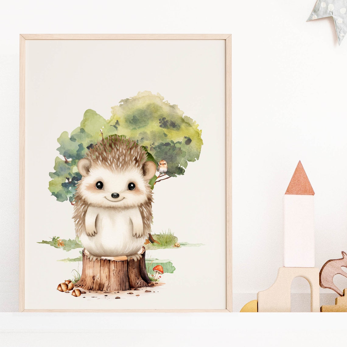 Smiling Hedgehog Tree Stump Watercolor Woodland Nursery Poster - Image 3