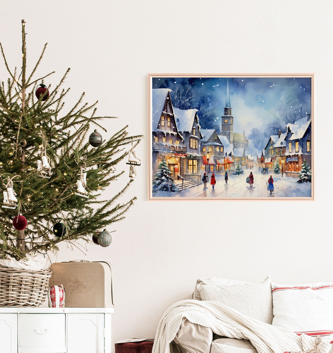 Blue Christmas Village Night Watercolor Snowy Town Art Print - Image 6