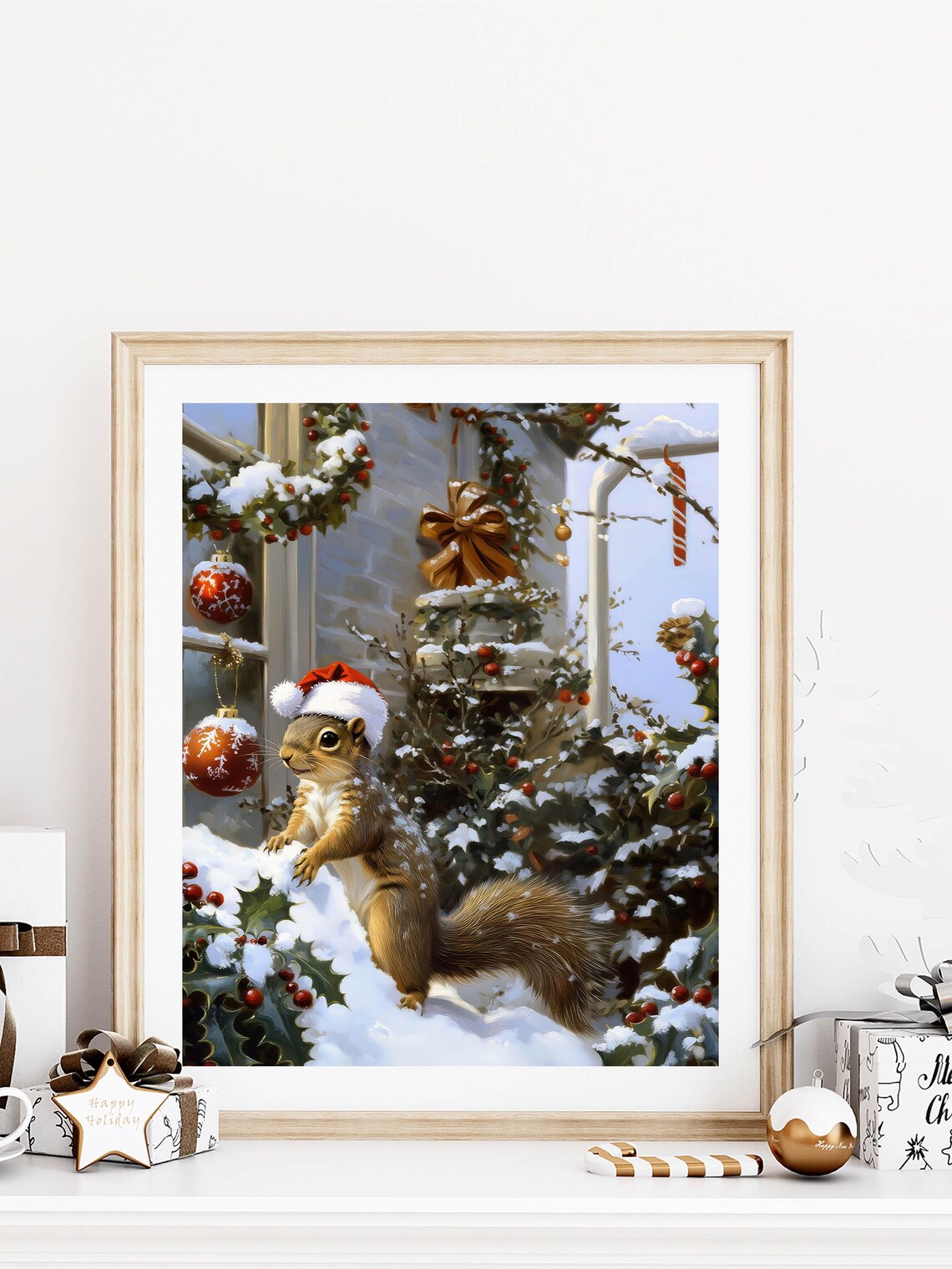 Squirrel Wearing Santa Hat Snowy Christmas Ornaments Vintage Poster - Image 7