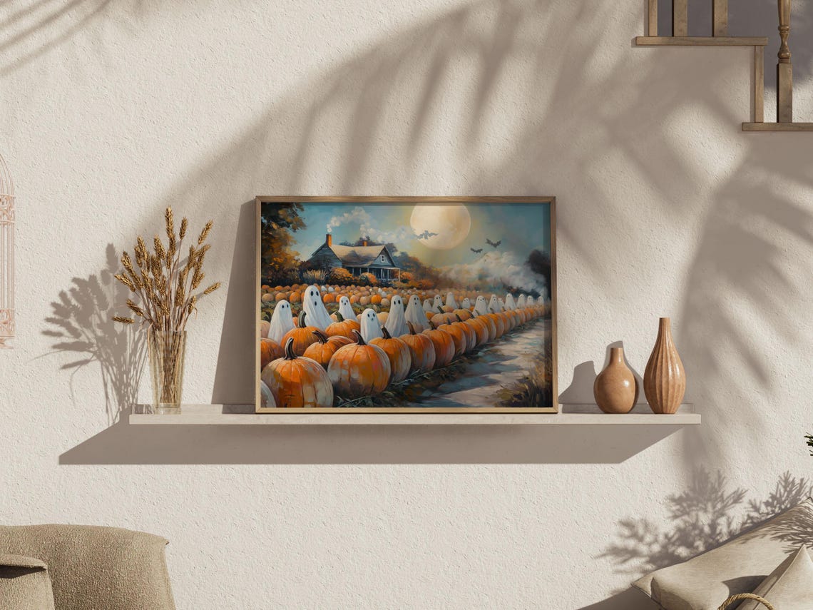 Cute Sheet Ghosts Pumpkin Patch Farmhouse Halloween Art Print - Image 4