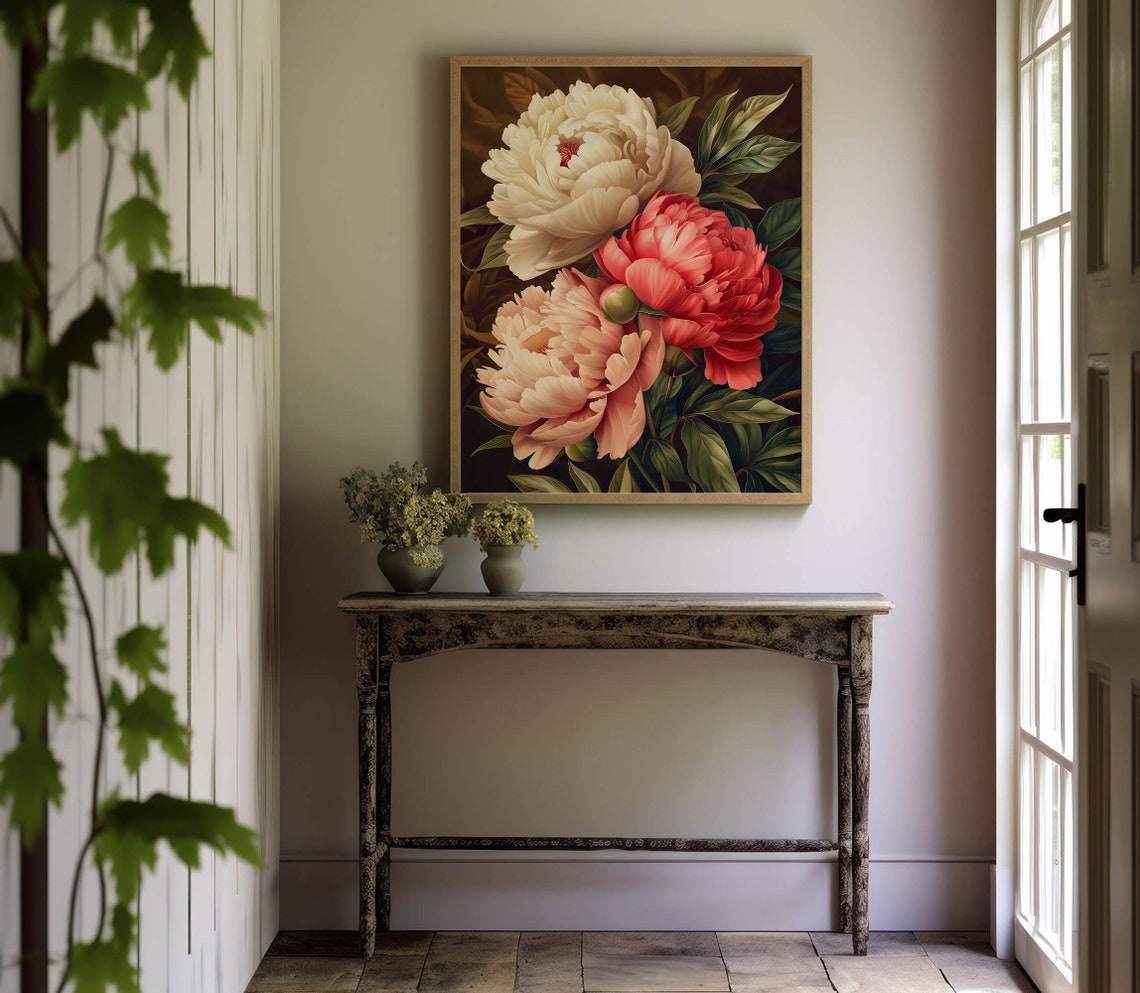 Three Large Peony Flowers Cream Coral Red Dark Painterly Floral Poster - Image 6