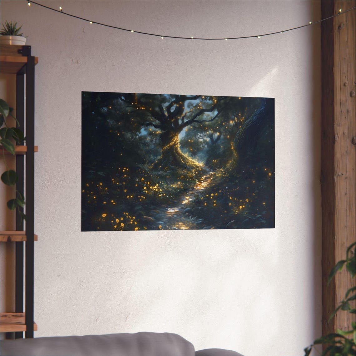 Enchanted Forest Full Of Fireflies Ancient Tree Path Wall Art - Image 2