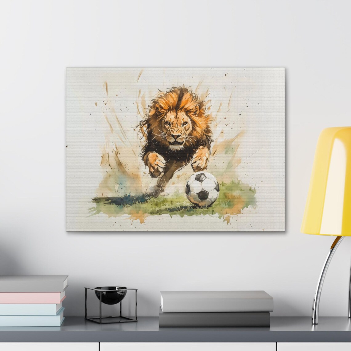 Lion Chasing Soccer Ball Watercolor Action Safari King Sports Poster - Image 2