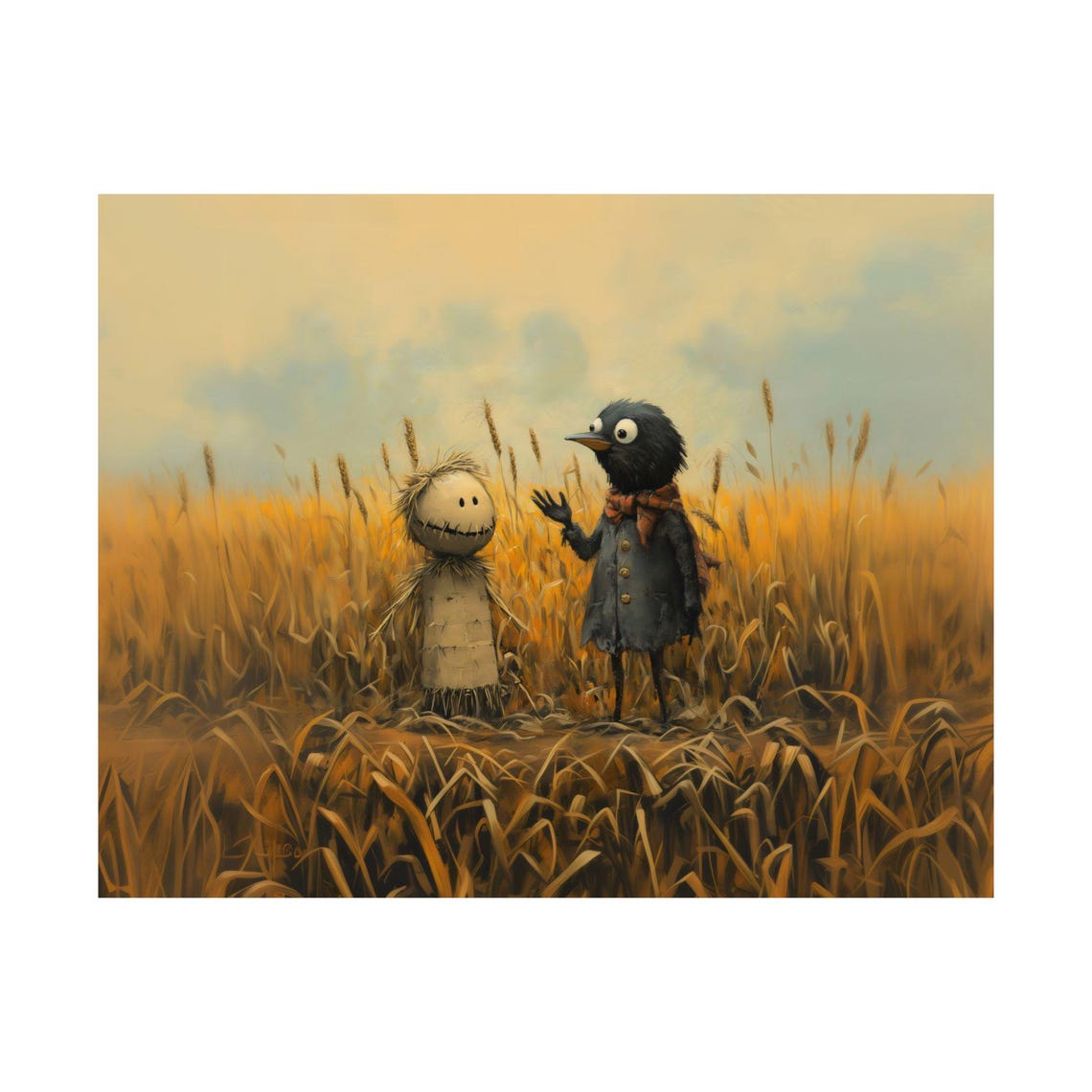 Crow And Scarecrow Chatting In A Golden Wheat Field Art Print - Image 3