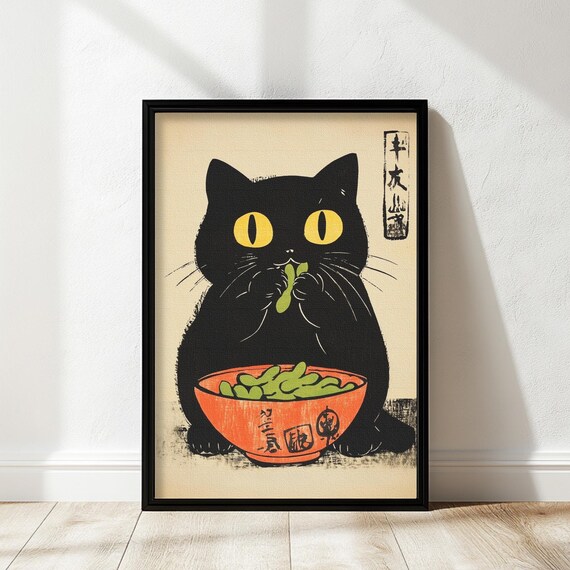 Vintage Cat Poster Funny Wall Art Kitchen Decor Black Japanese Inspired Unique Lover Gift Edamame