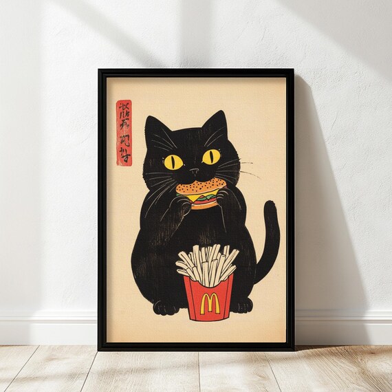 Vintage Cat Poster Funny Wall Art Kitchen Decor Black Japanese Inspired Unique Lover Gift Mcdonalds