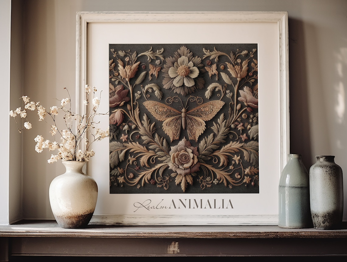 Vintage Textile Embroidery Print, Floral Butterfly Tapestry - Image 3