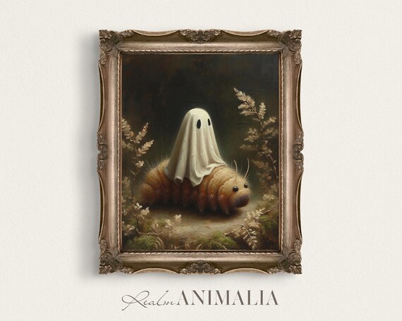 Little Ghost Riding On Caterpillar Art Print Halloween Wall Art Whimsical Ghost Painting Moody Fall Cottagecore Prints Gh132