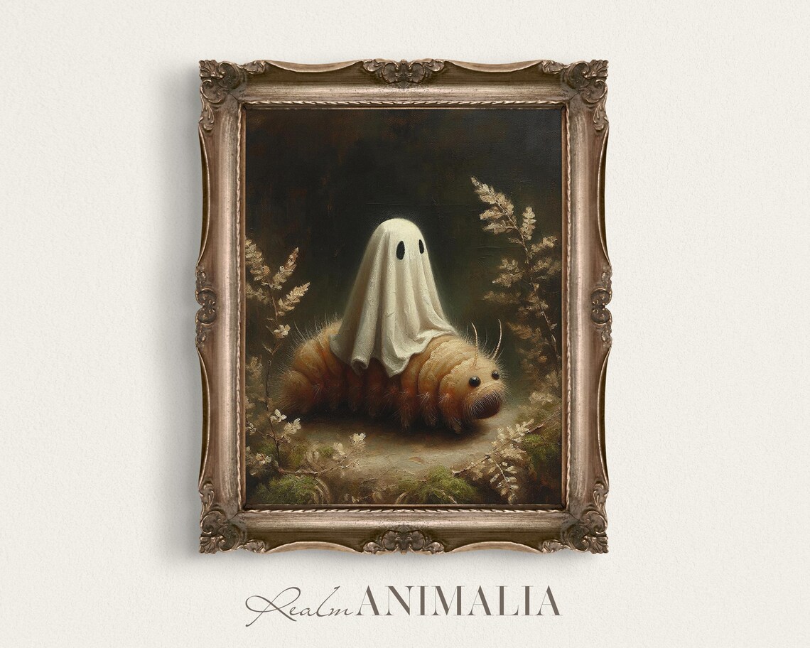 Little Ghost Riding Caterpillar Dark Forest Moody Halloween Wall Art Poster