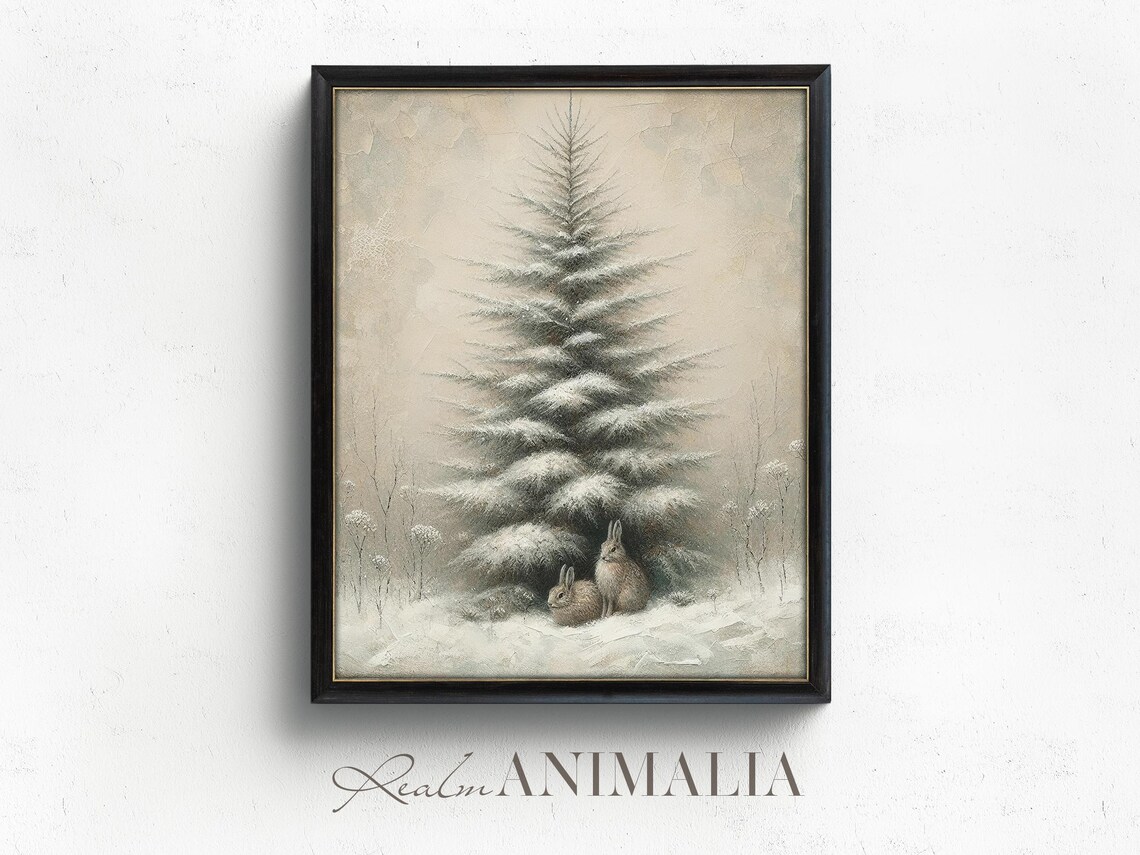Snowy Pine Tree and Rabbits, Vintage Winter Art Print - Image 4