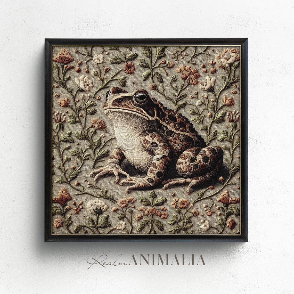 Toad Botanical Embroidery Style Square Floral Textile Neutral Poster - Image 2
