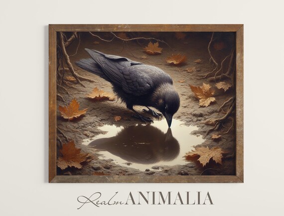 Autumn Crow Vintage Oil Painting Drinking Puddle Fallen Leaves Moody Poster