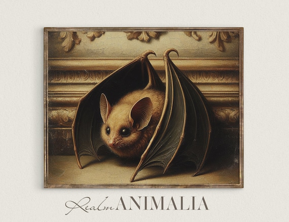 Bat Vintage Oil Painting Folded Wings Old Plaster Moody Animal Portrait Print