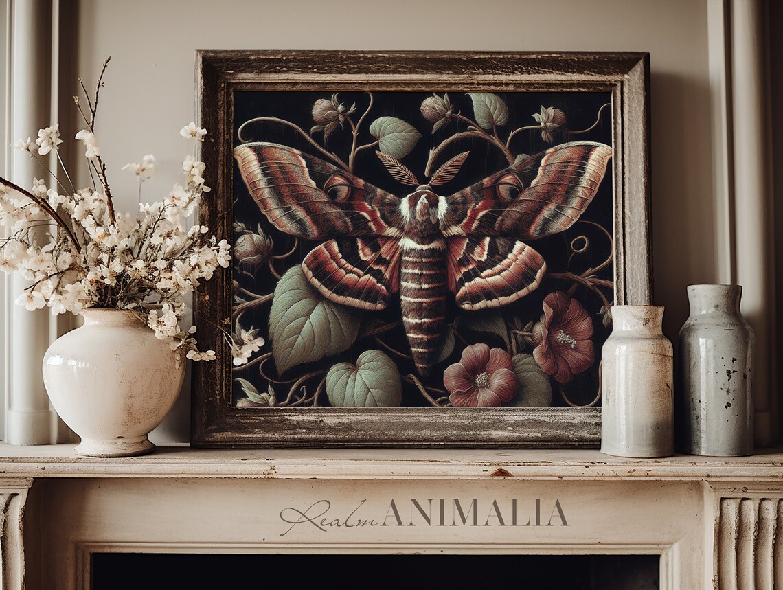 Dark Academia Moth Oil Painting Moody Botanical Rust Red Wings Vintage Poster - Image 3