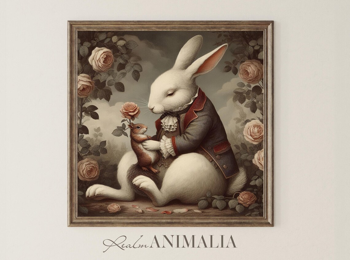 Storybook White Rabbit And Squirrel Friends Among Roses Poster - Image 4