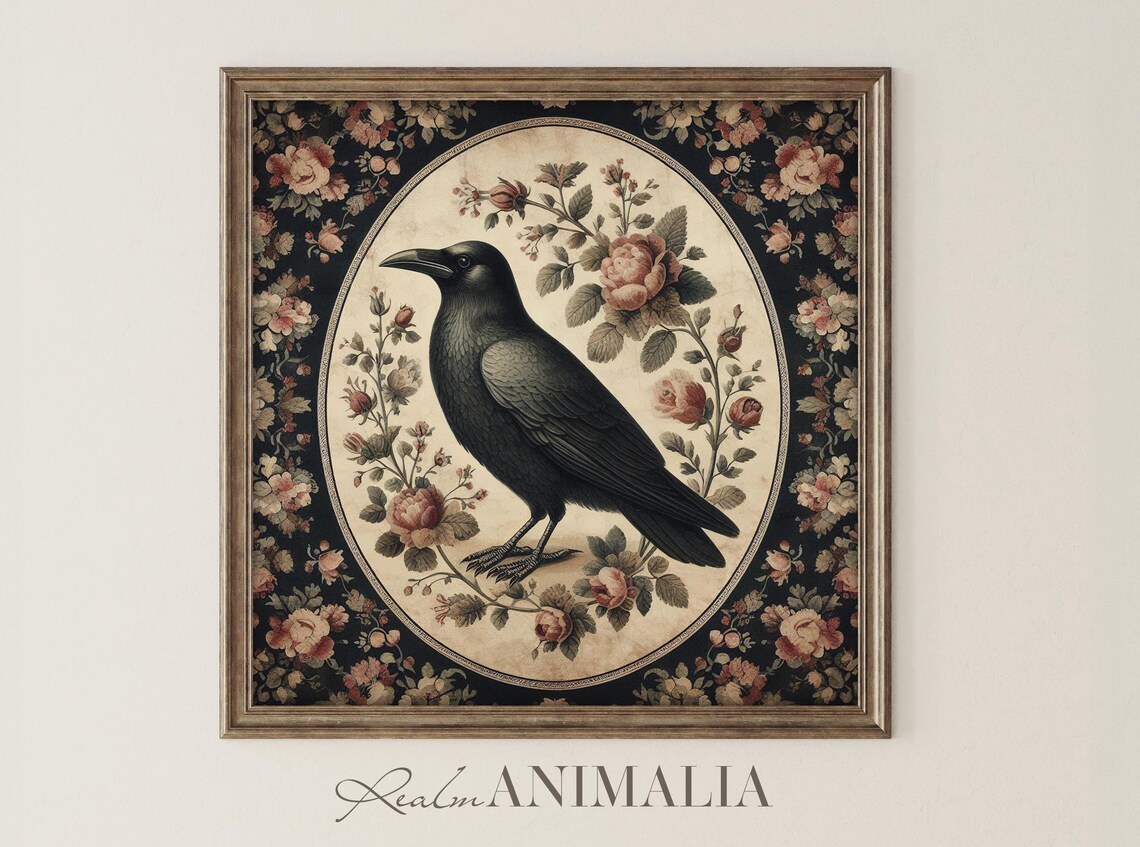 Black Crow In Floral Oval Medallion Dark Vintage Botanical Bird Poster