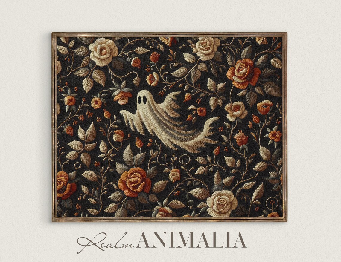 Ghost Gliding Through Roses Dark Floral Tapestry Embroidery Art Print