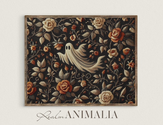 Ghost Gliding Through Roses Dark Floral Tapestry Embroidery Art Print