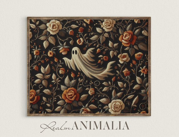 Ghost Textile Embroidery Art Print Moody Floral Botanical Ghost Tapestry Ghost Wall Art Spooky Cottagecore Halloween Art Gh108
