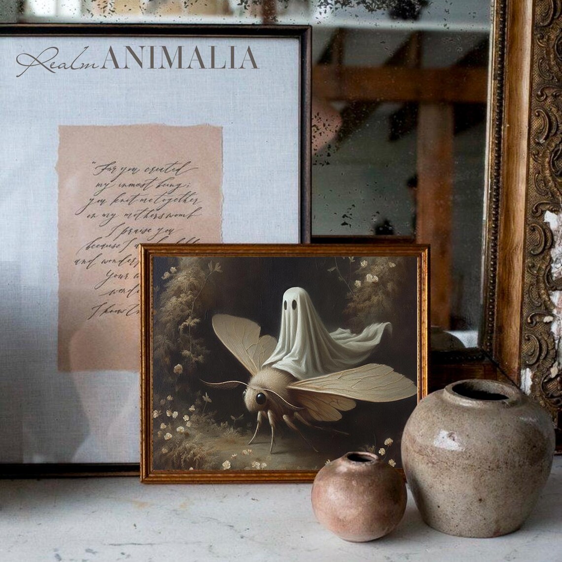 Little Ghost Riding Moth Dark Wildflower Meadow Moody Halloween Art Poster - Image 3