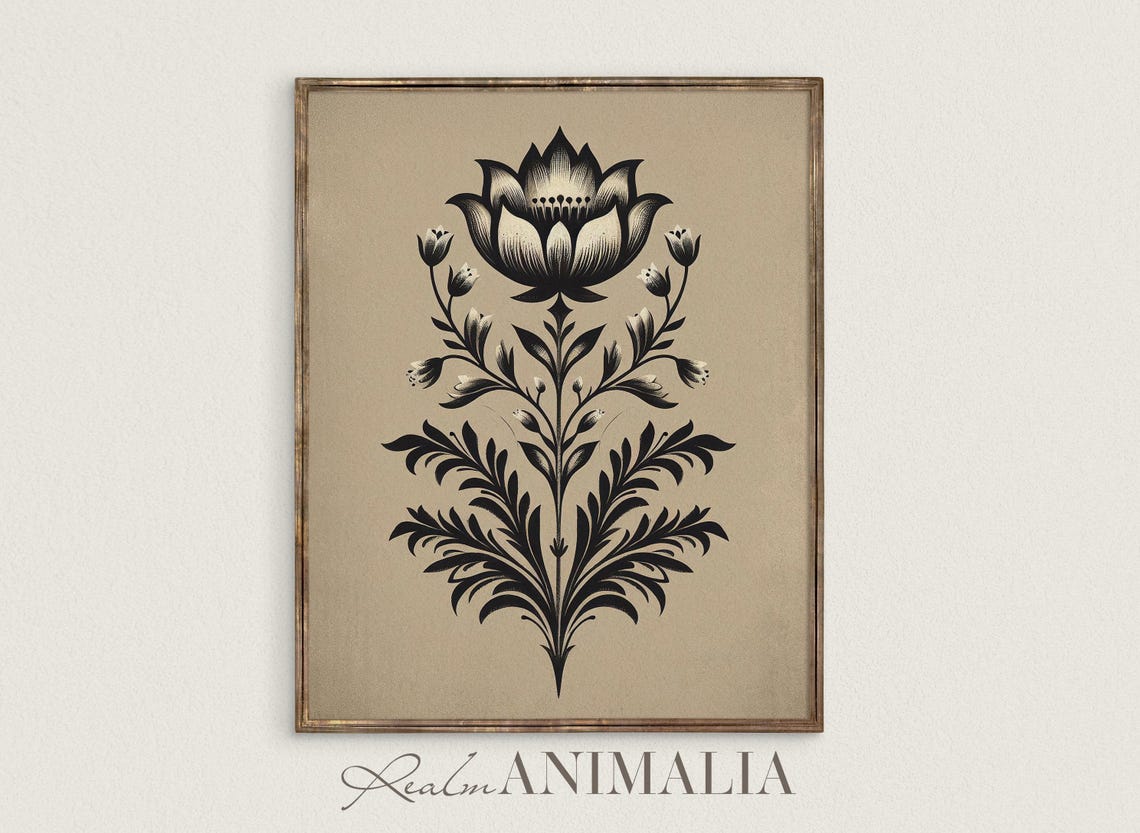 Scandinavian Folk Art Flower Black And White Botanical Wall Art - Image 2