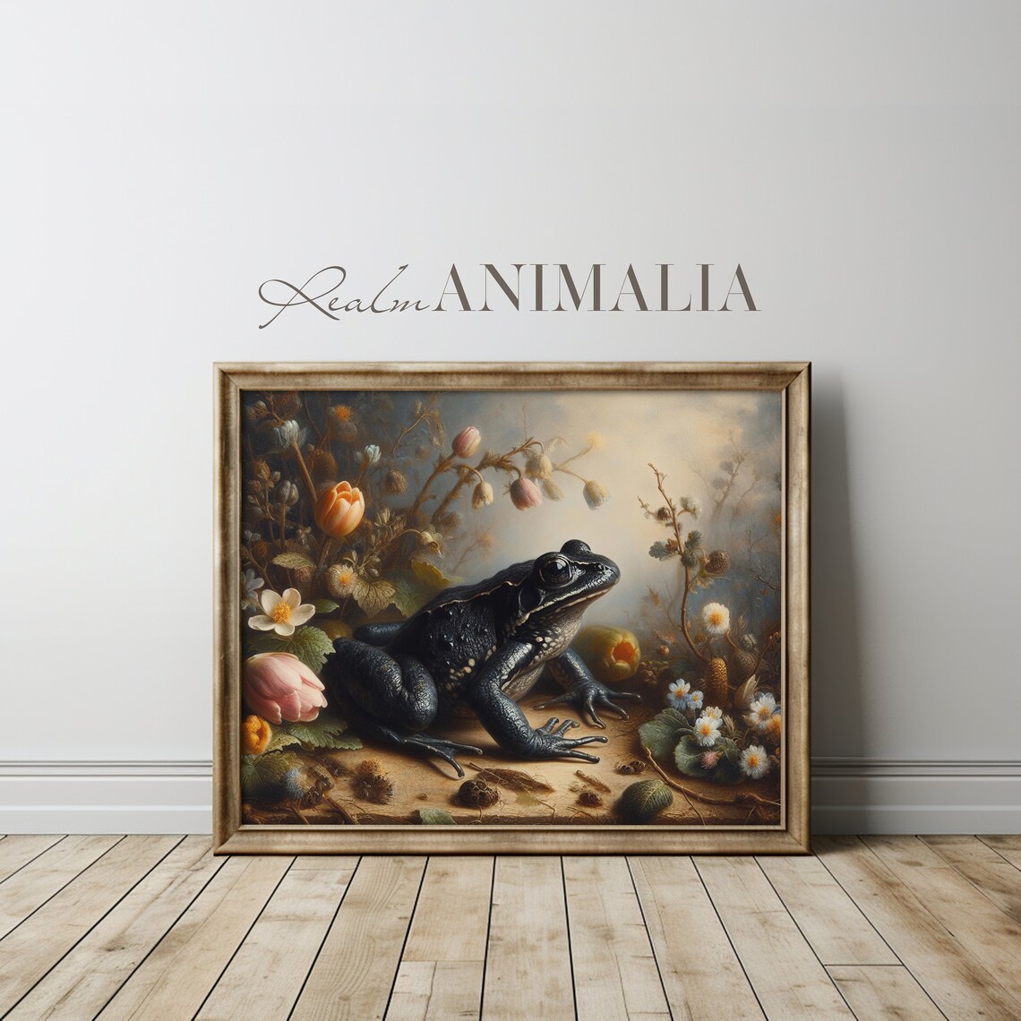Black Frog Among Spring Wildflowers Moody Vintage Amphibian Wall Art Print - Image 3