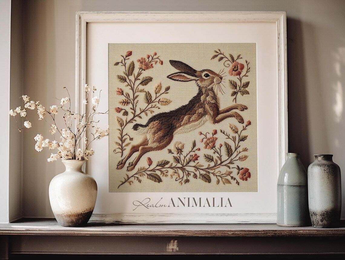 Botanical Rabbit Embroidery Art Print, Vintage Textile - Image 3