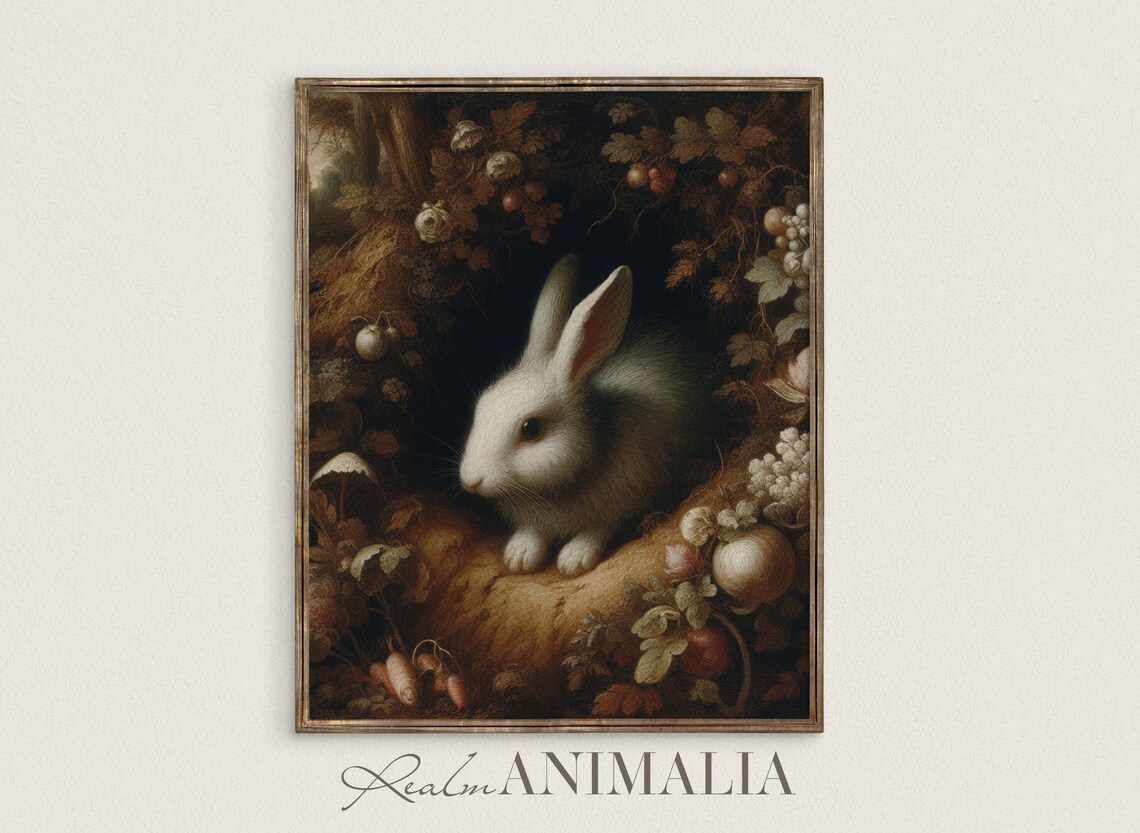 White Rabbit Antique Painting Vintage Moody Spring Rabbit Art Print Easter Fine Art Wall Decor Br006