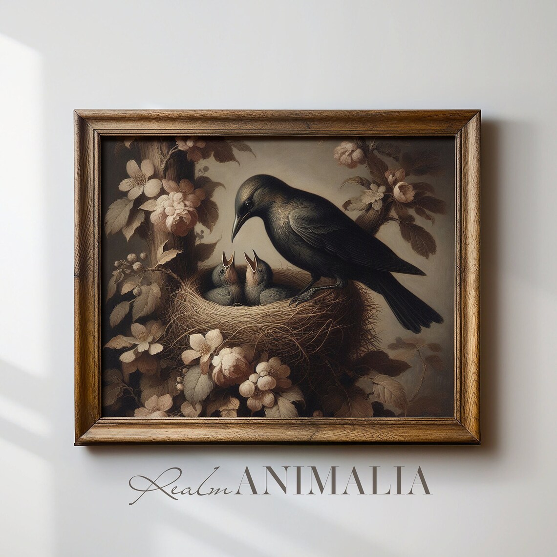 Blackbird Feeding Baby Birds In Nest Among Blossoms Vintage Wall Art Print - Image 4