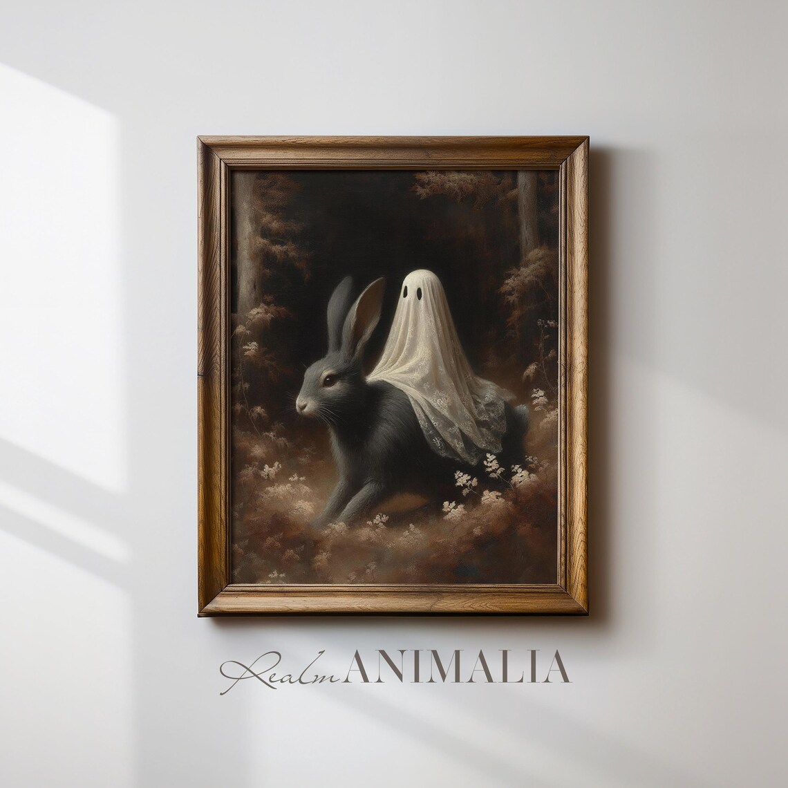 Little Ghost Riding Rabbit Moody Dark Forest Whimsical Halloween Wall Poster - Image 2