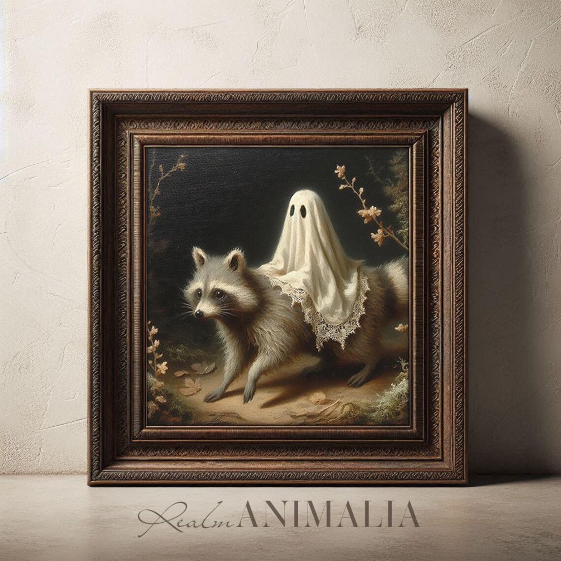 Little Ghost Riding on Raccoon Vintage Halloween Art Print - Image 3