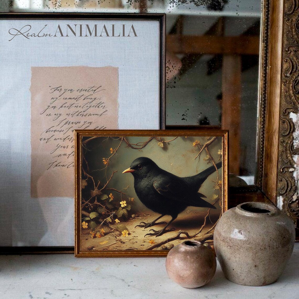 Blackbird With Yellow Beak Among Bare Branches Moody Vintage Bird Art Print - Image 3