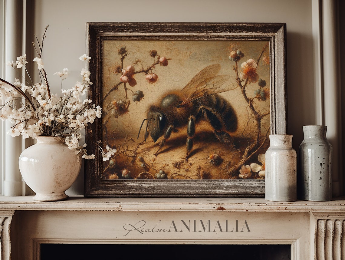 Dark Honey Bee With Blossom Branches Vintage Neutral Insect Art Print - Image 3