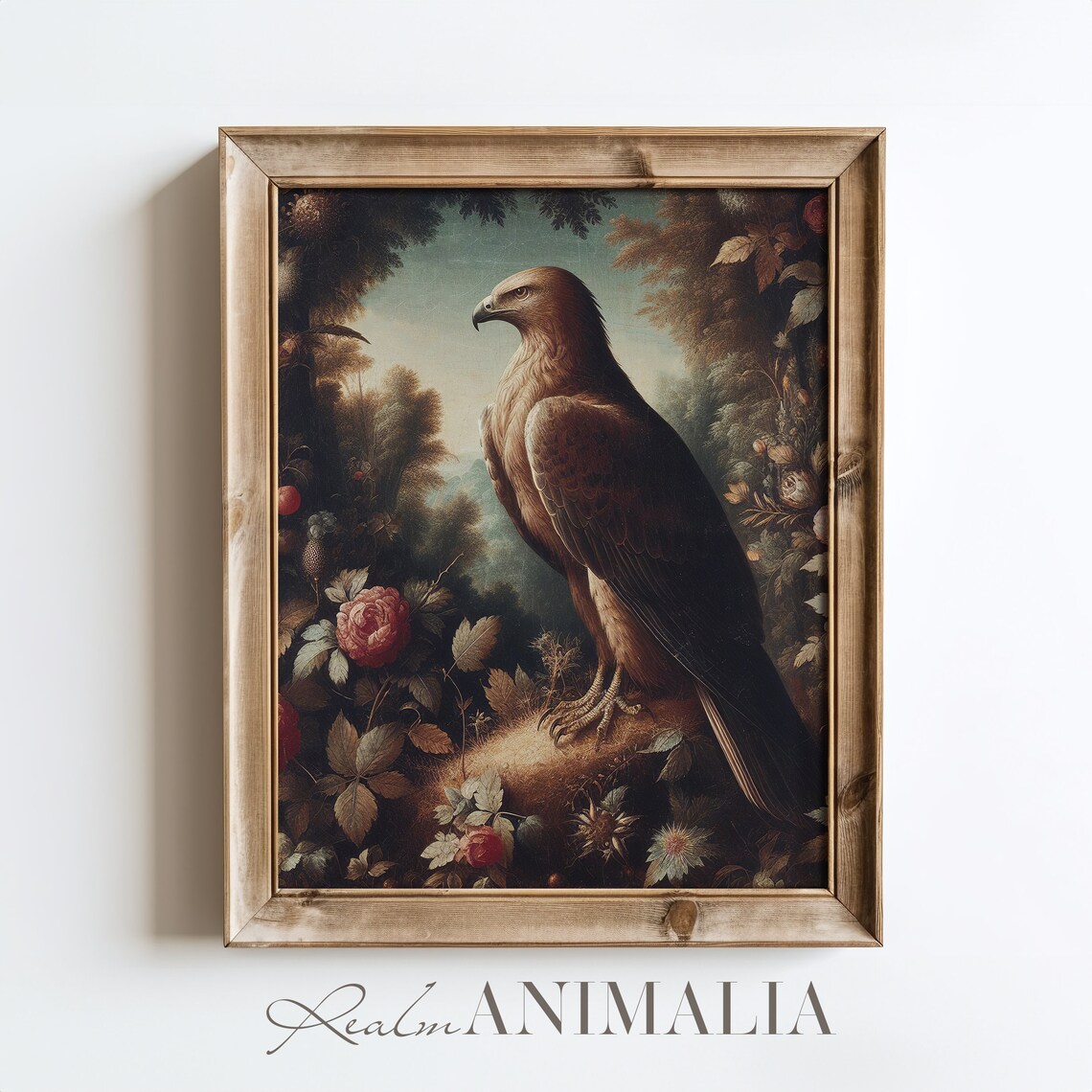Vintage Hawk Portrait Standing Among Dark Foliage And Red Roses Print - Image 2