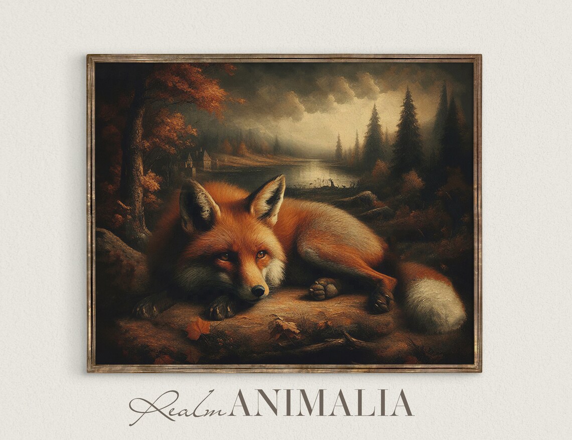 Autumn Fox Art Print, Moody Vintage Fall Landscape