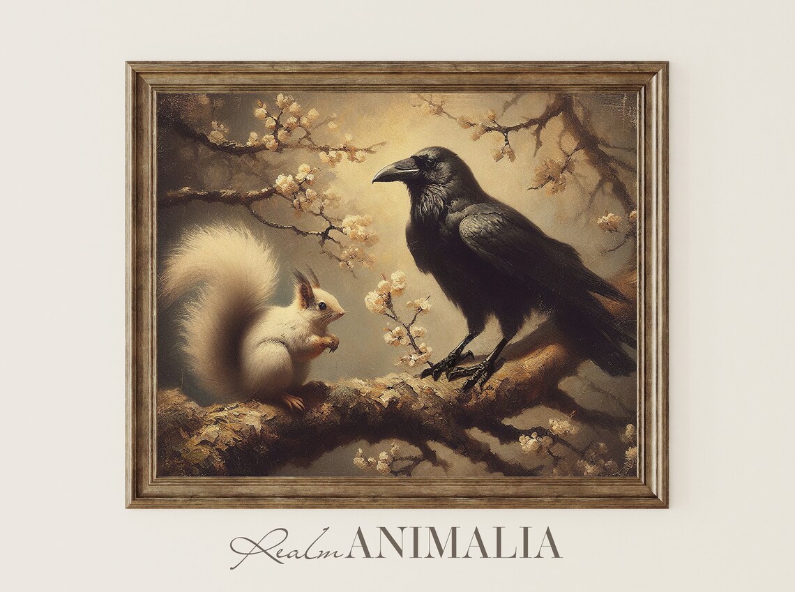 Crow and White Squirrel Vintage Wildlife Art Print