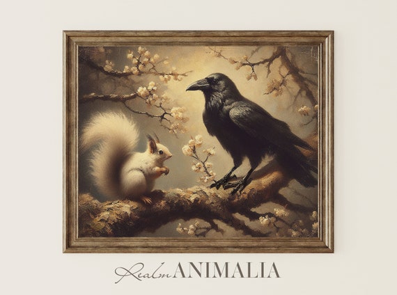 Crow and White Squirrel Vintage Wildlife Art Print