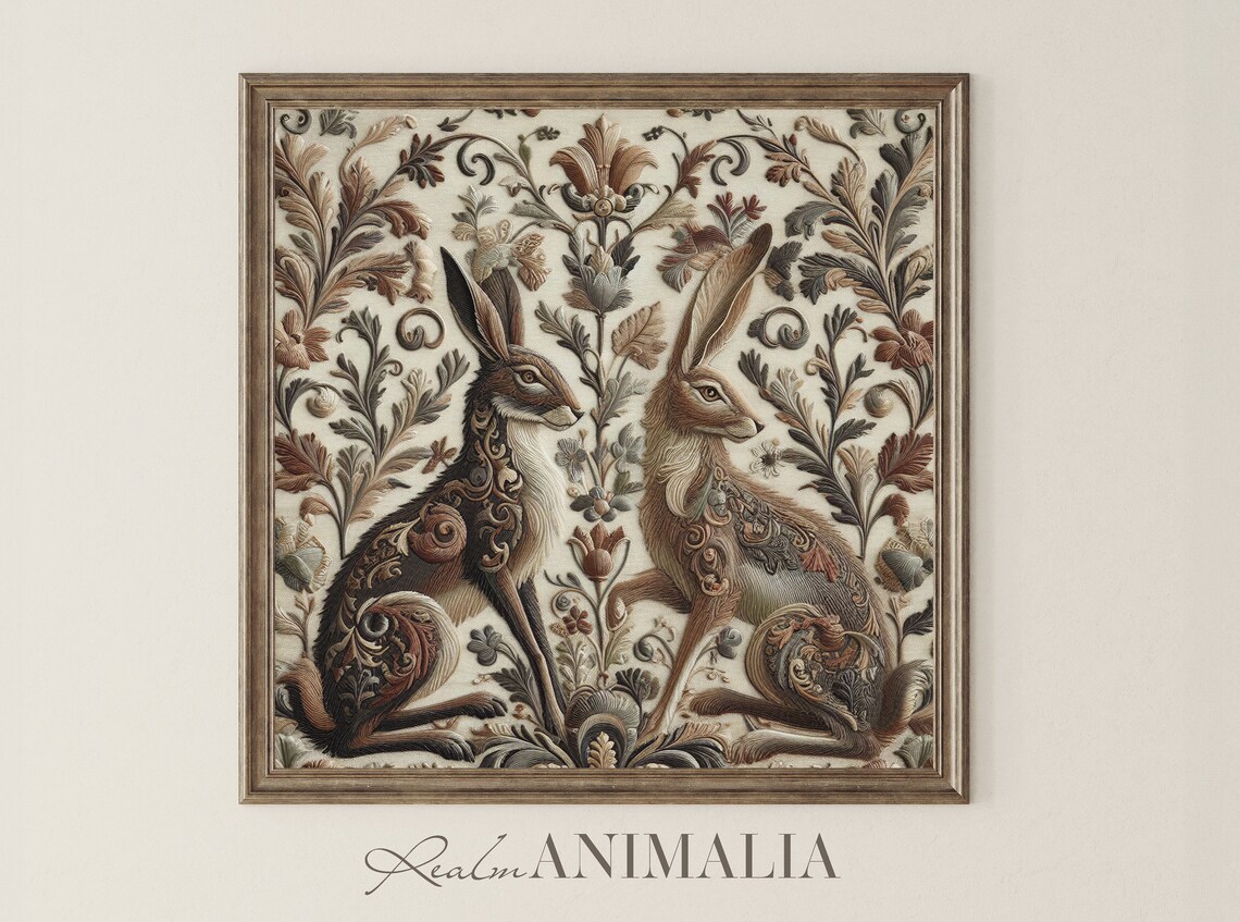 Two Hares In Floral Embroidery Tapestry Neutral Vintage Textile Art Print