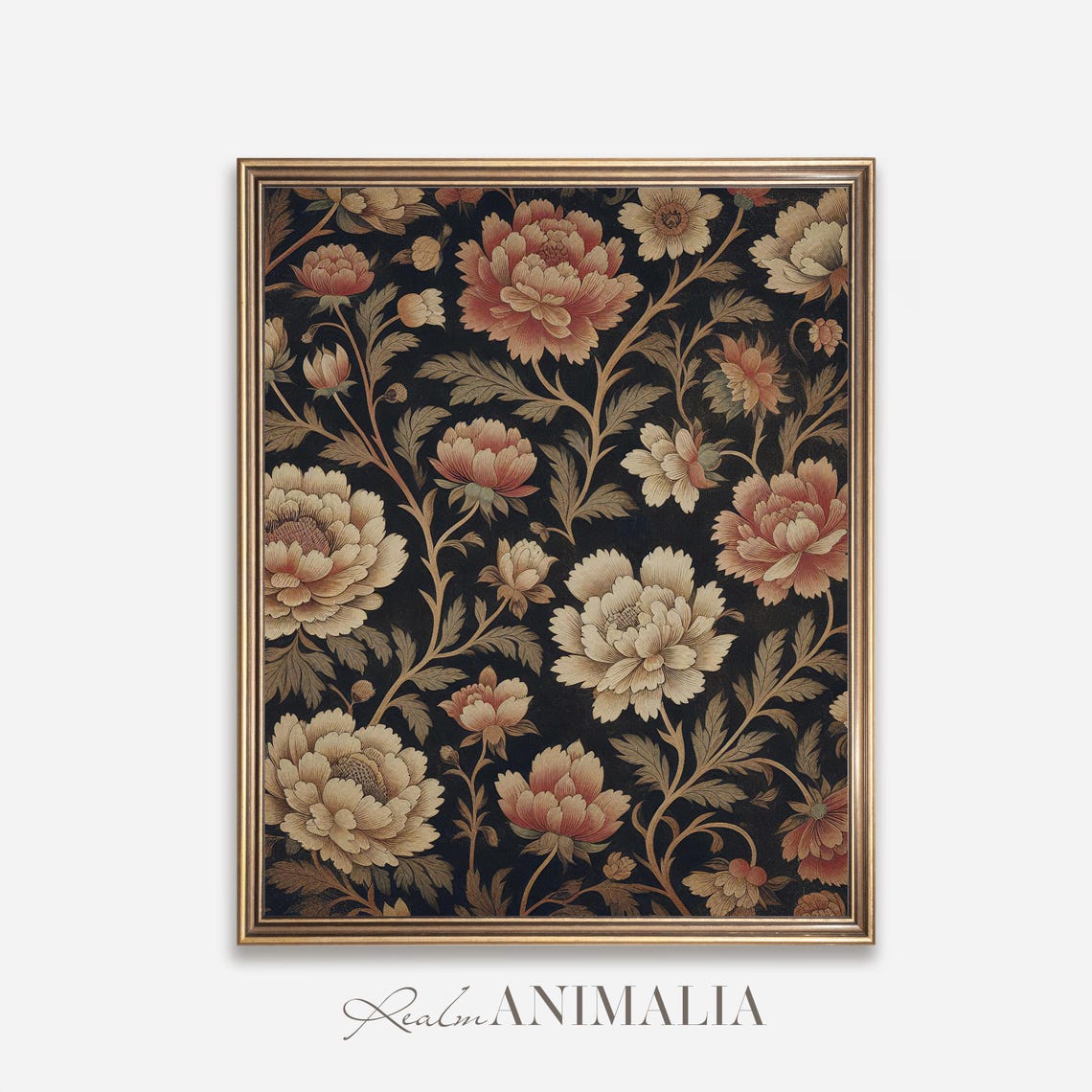 Dark Floral Tapestry Pattern With Blush Peony Blooms Vintage Poster - Image 2