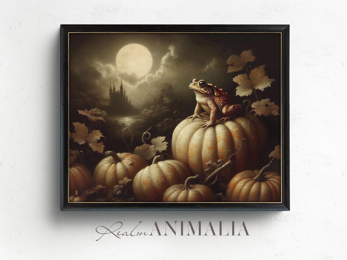 Moonlit Toad On Pumpkins Night Castle Vintage Halloween Landscape Art Poster - Image 2