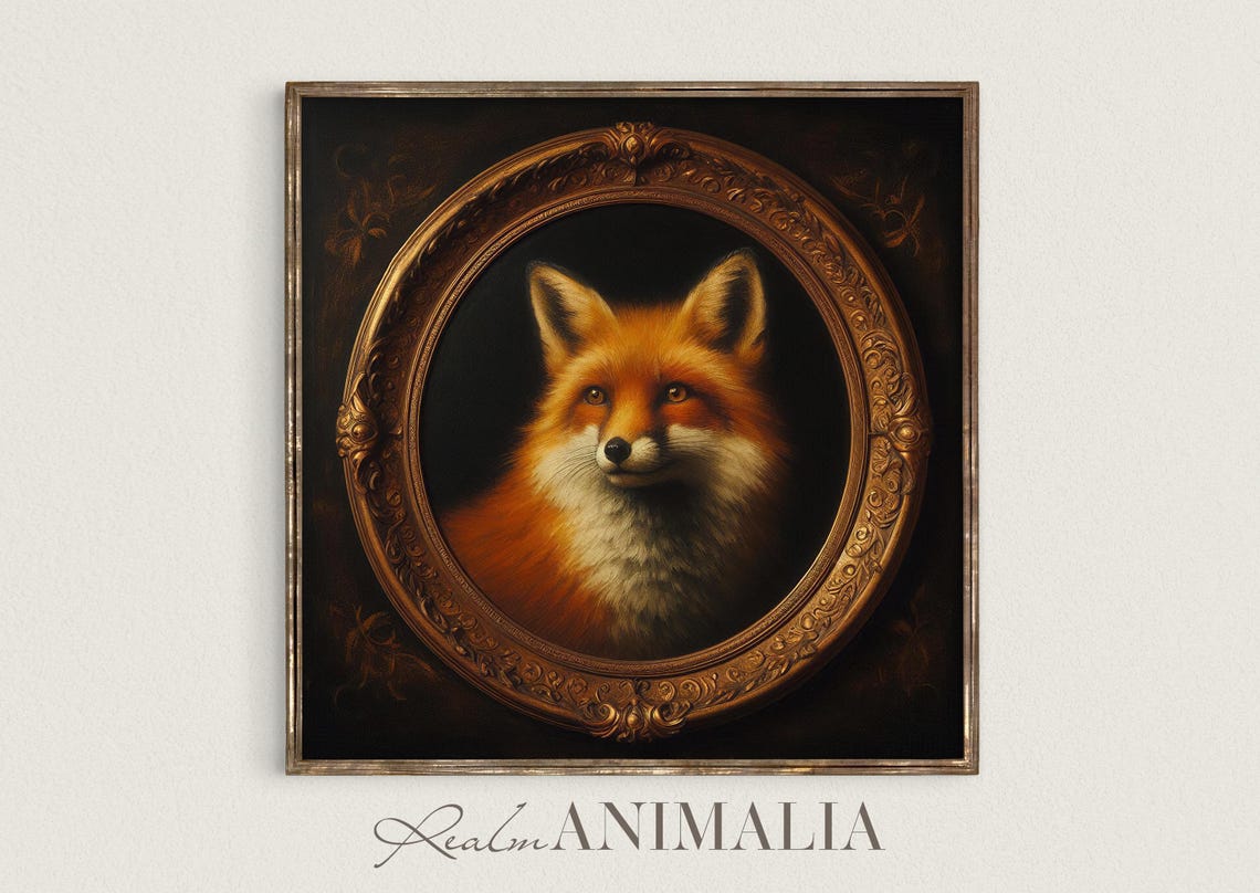 Red Fox Portrait In Ornate Gold Oval Frame Dark Moody Wall Art