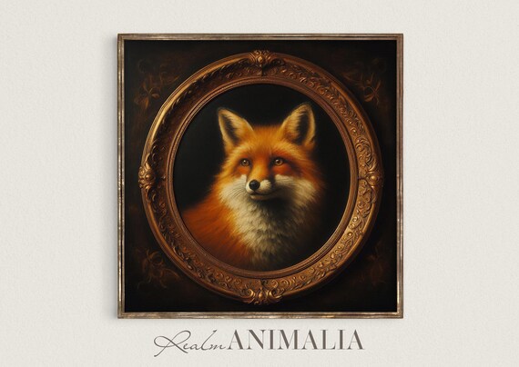 Red Fox Portrait Square Art Print Vintage Fox Wall Art Dark Moody Wildlife Animal Art Prints Cottagecore Painting Decor Fx022