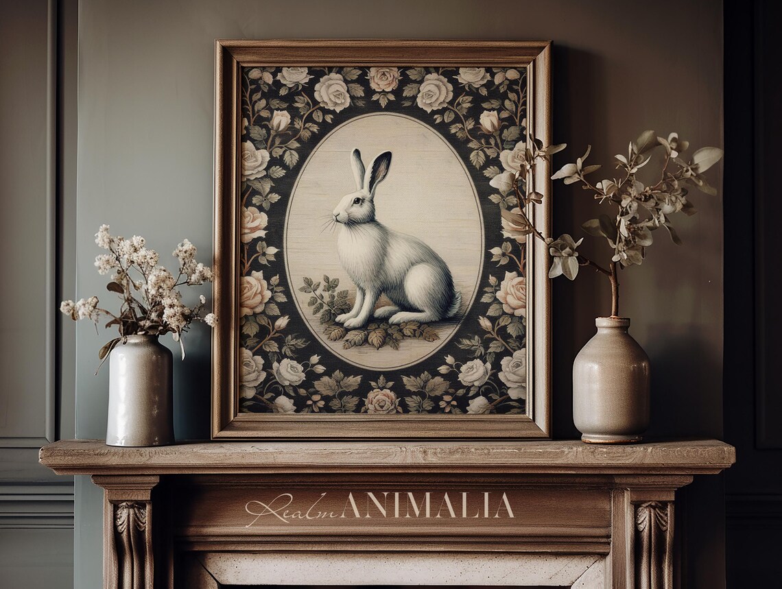 White Rabbit Seated In Oval Medallion Dark Rose Tapestry Vintage Poster - Image 3