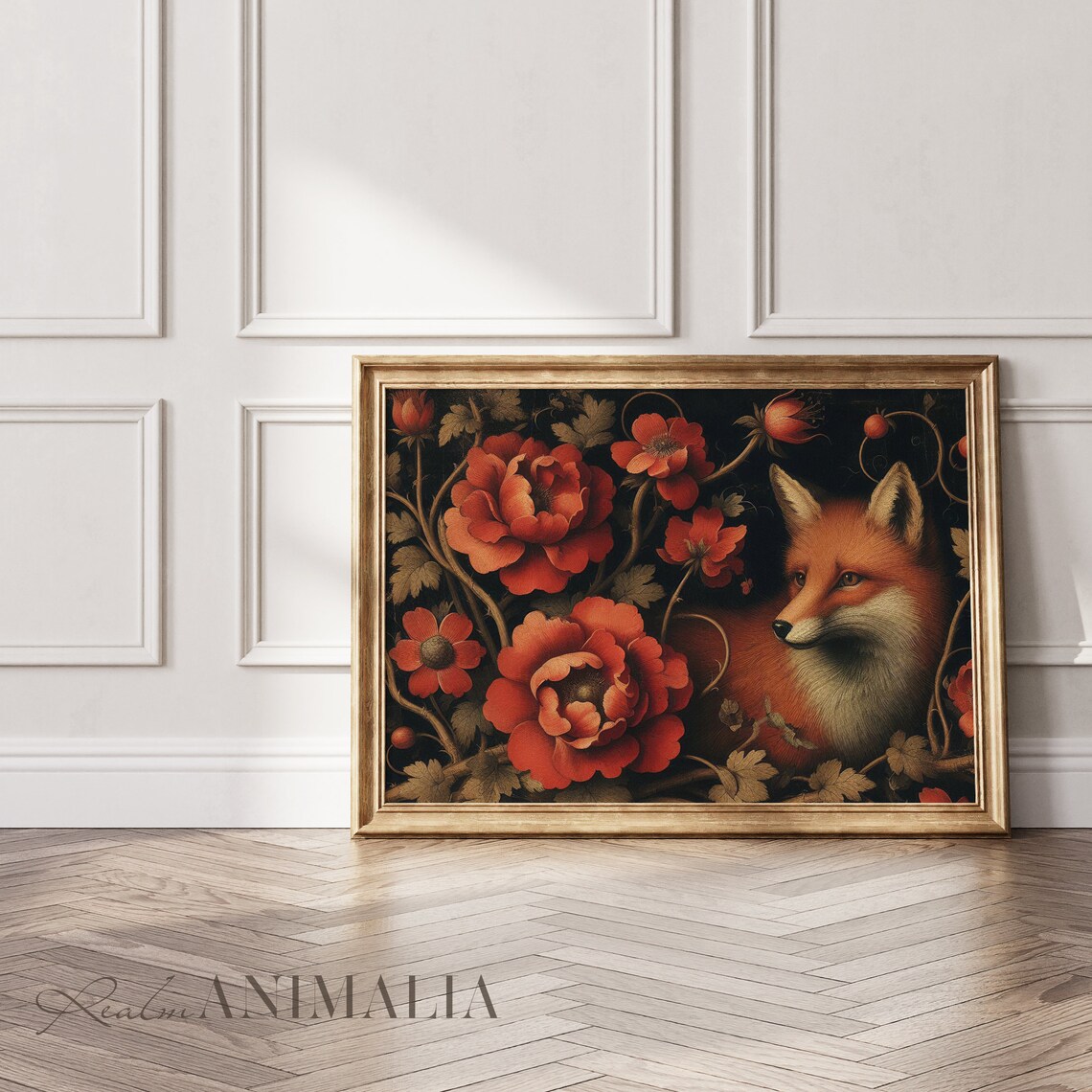 Floral Fox Vintage Oil Painting Red Poppies Dark Botanical Wildlife Poster - Image 2