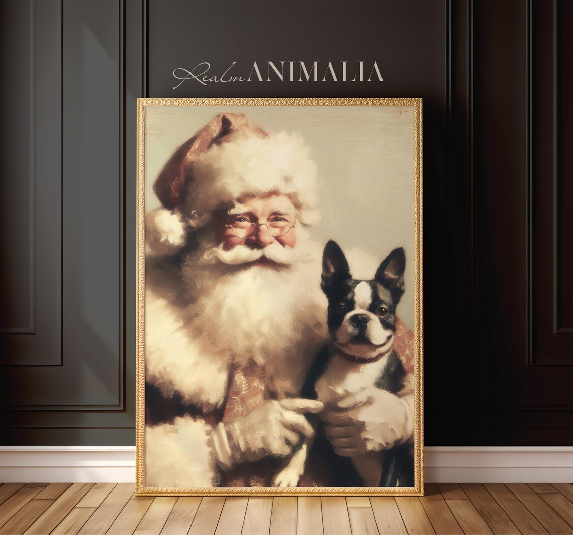 Santa With Boston Terrier Portrait Art Print Christmas Wall Art Festive Santa With Pet Dog Painting Dog Lover Xmas Decor Wh138 - Image 2