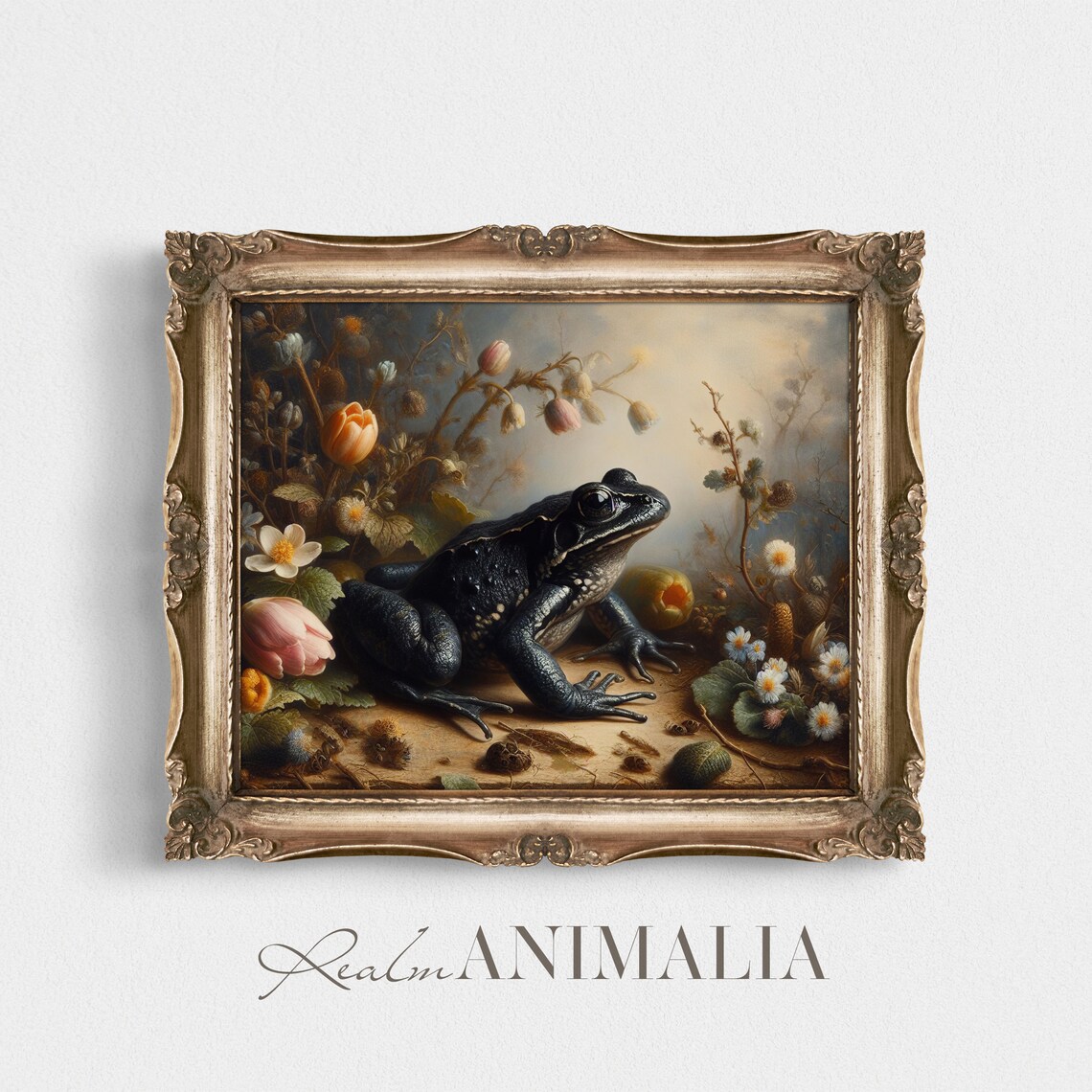 Black Frog Among Spring Wildflowers Moody Vintage Amphibian Wall Art Print - Image 2
